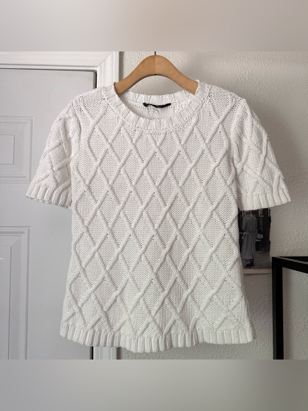 JENNI KAYNE white short sleeve crew neck‎ textured chunky knit cropped sweater